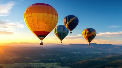 Obraz premium Colorful hot air balloons over mountains at sunrise