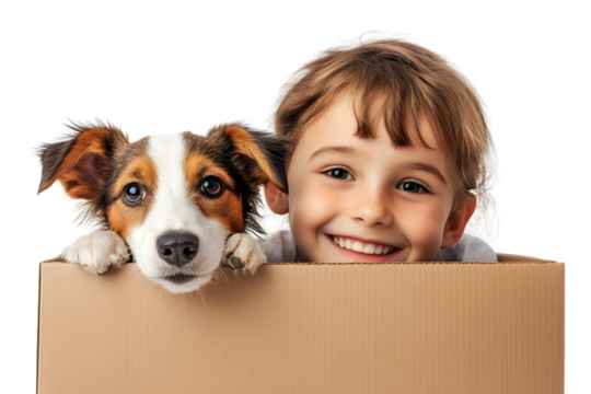Smiling child and dog in cardbox Isolated on white background. - Powered by Adobe