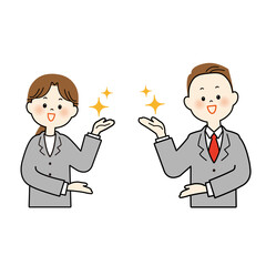 案内するスーツのキラキラ男女　上半身