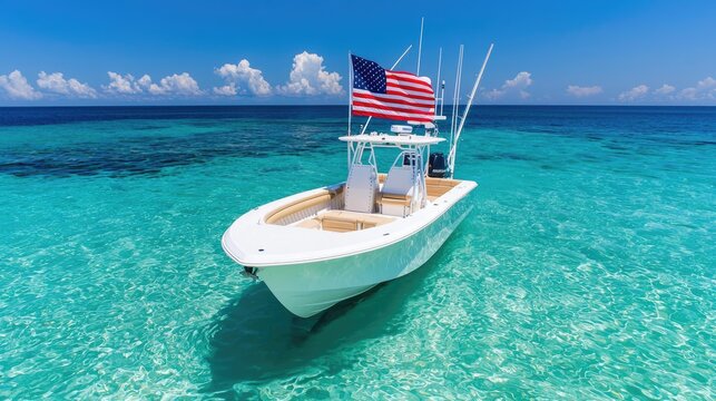 White fishing boat in turquoise shallows with American flag