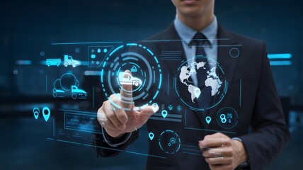 Global Logistics Technology Businessman Digital Interface Modern Technology Transportation Management System Worldwide Delivery Network Efficient Supply Chain Solution Advanced Tracking System        