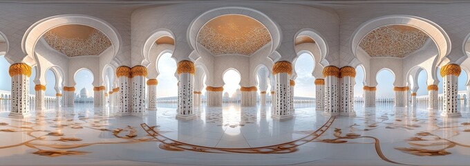 Sunrise Mosque Panorama Interior Arches,  UAE Landscape