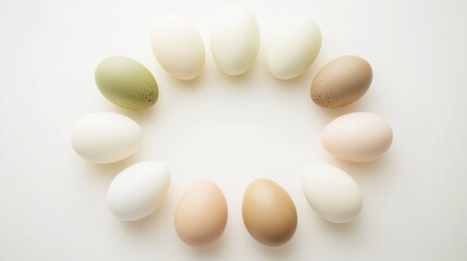 Ring of variously - colored eggs arranged in a circle on a white background, suitable for Easter designs and decorative purposes.