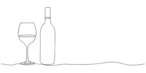Continuous one line drawing of Wine glass and bottle. Drink in cup in linear style. Doodle vector illustration for restaurant and bar menu