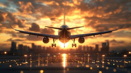 Airplane Landing at Sunset over City