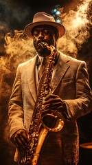 A cinematic portrait of a jazz musician, classic sepia-toned film style mixed with digital smoke and neon highlights, vintage nostalgia meets modern vibrancy, storytelling mood