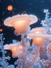 Naklejka premium A surreal underwater scene blending traditional film photography aesthetics with futuristic digital overlays, bioluminescent creatures, dreamlike fluidity, deep-sea mystery, artistic composition