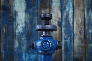 A close-up of a blue industrial valve with black metal fittings against a rustic blue wood background.