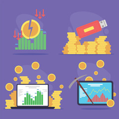 Various finance themes, as data trends with charts, coins, and digital analysis tools against a vibrant purple background