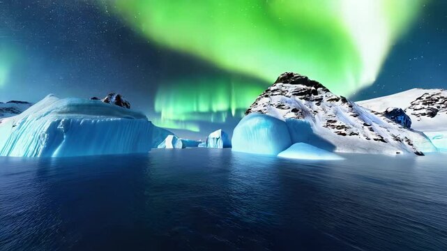 Magische Winterlandschaft &ndash; Nordlichter &uuml;ber einer beleuchteten Schneelandschaft mit gefrorenem Pool