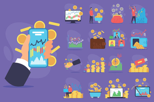 Collection of financial planning illustrations with various activities like investing, budgeting, and analysis using digital tools. Financial growth concept