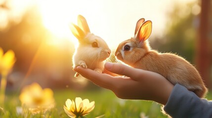 Fototapeta premium Two baby rabbits in hand, sunset meadow, flowers, nurturing
