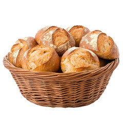 Isolated Full Wicker Basket with Assorted Crusty Bread Rolls