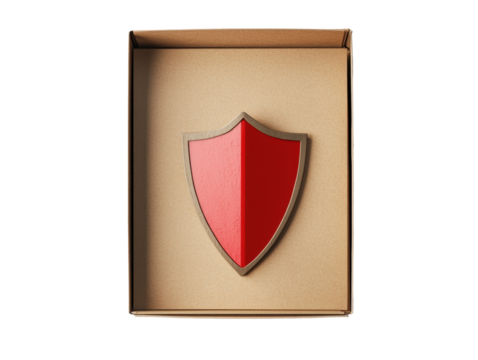 Isolated Red Shield Icon in Open Cardboard Box - Powered by Adobe