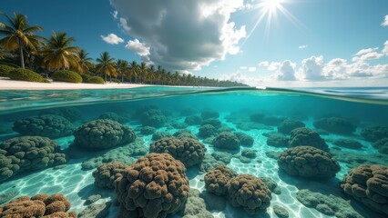 Split view of a bleached coral reef underwater and a tropical palm beach above	