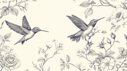 Hummingbirds in flight amidst roses, nature background, floral design