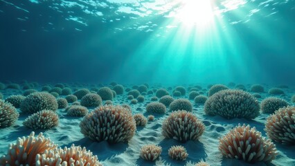 Naklejka premium Sunlight streaming through ocean water over a bleached coral reef on the seabed 