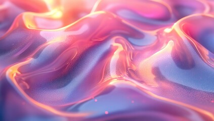 Obraz premium Abstract liquid surface with shimmering, colorful waves of pink, orange, and purple hues, dotted with sparkling glitter particles, creating a vibrant and dynamic visual effect
