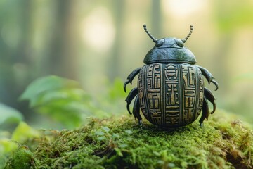 An intricately carved beetle figurine rests on a bed of vibrant green moss in a sun-dappled forest.