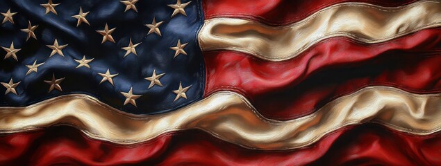 Close Up of American Flag Waving with Dramatic Lighting and Textured Fabric