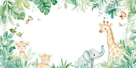 Cute animals in jungle foliage background. Space for text, cards or baby shower invites