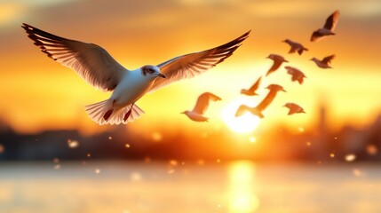 Sunrise Flight of Seagulls over Water