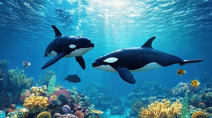 Obraz premium Ai generated two killer whales swimming over a colorful coral reef
