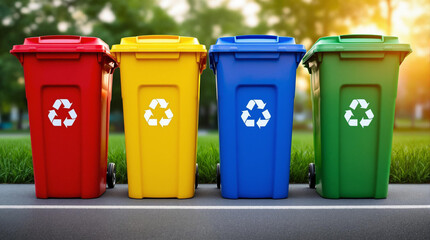 Four garbage bins for sorting garbage of different colors, yellow, red, green, blue, standing in a park on a sunny summer day