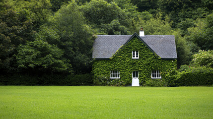 Obraz premium charming green cottage surrounded by lush trees and vibrant lawn, evoking sense of tranquility and nature beauty