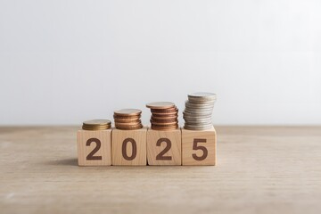 Financial Growth 2025 Wooden Blocks Coins Stacking Investment Savings Plan Business Success Economic Progress Financial Planning Wealth Building Money Management Future Security Retirement Planning   