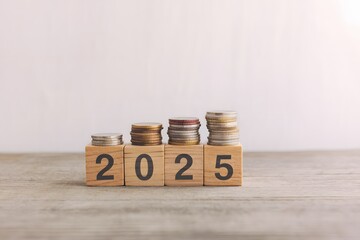 Financial Growth 2025 Savings Plan Investment Strategy Wooden Blocks Coins Stacked Business Success Financial Planning Economic Growth Wealth Building Future Planning Retirement Savings Money         