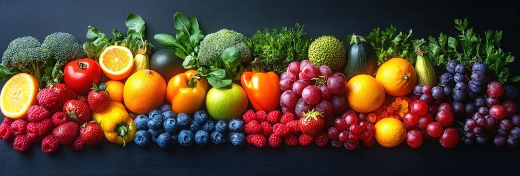 Vibrant Assortment of Fresh Organic Fruits and Vegetables in Rainbow Colors