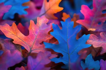 Fototapeta premium Vibrant autumn oak leaves in surreal, saturated blue and pink hues.
