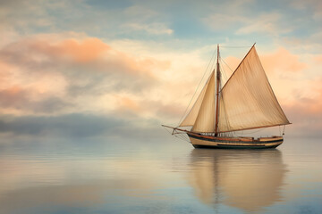 Fototapeta premium A sailboat sailing on the open sea. 