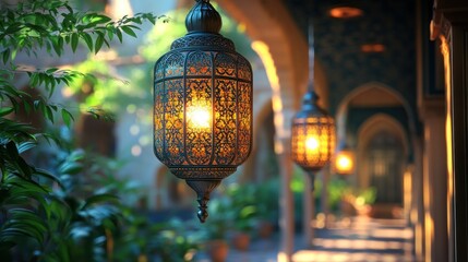 Ornate lanterns hang in a sunlit courtyard.