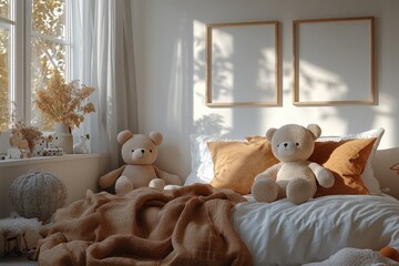 Cozy Children's Bedroom Interior Minimalist Design with Warm Wooden Elements and Soft Lighting