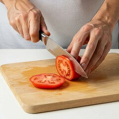 A chef chopping a tomato on a chopping board