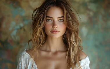 Naklejka premium Smiling woman with long wavy hair in soft lighting showing OK gesture expressing happiness and beauty
