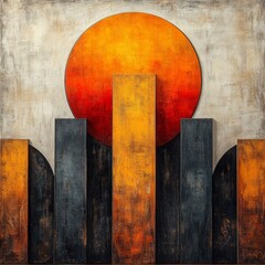 Abstract artwork with a large orange sun rising behind gray and orange geometric shapes on a textured background depicting contrast and warmth