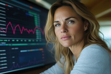 Obraz premium Confident Businesswoman Analyzing Financial Data on a Computer Screen in Modern Office