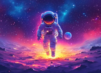Naklejka premium Happy Child Astronaut Running on Mars in Cartoon Style Illustration