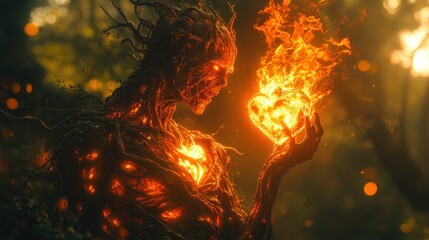 Grotesque Fiery Undead Figure with Blazing Heart in Dark Fantasy Art