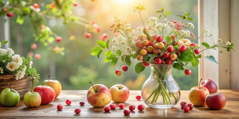 A rustic still life featuring a vibrant bouquet of wildflowers and small red apples in a glass vase, complemented by a selection of ripe apples on a wooden surface near a sunlit window.