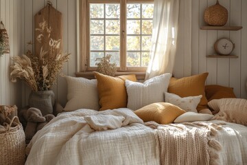 Cozy Scandinavian Children's Bedroom Interior Design with Soft Natural Light and Colorful Cushions