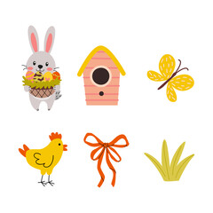 Colorful spring illustrations featuring a rabbit, birdhouse, butterfly, chicken, ribbon, and grass in a cheerful, playful design