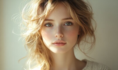 Naklejka premium Elegant woman in profile with long shiny wavy hair and soft shoulders in natural light