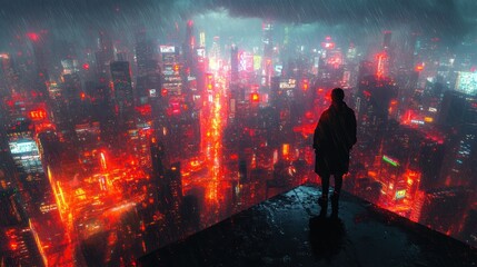 Samurai Warrior on Neon Ledge in Futuristic Cyberpunk City at Rainy Night Digital Art Illustration