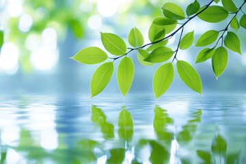 Serene Greenery Reflections: Tranquil Leaves Over Calm Water in Nature Scene