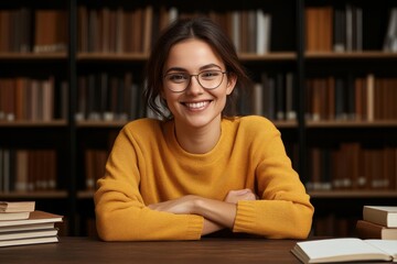 female student is sitting at a desk in the library with a stack of books in front of her. She is smiling and happy. education, scientific work