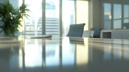 Modern office background with blurred corporate workspace and wooden tabletop for professional business presentations and product mockups



